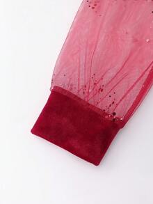 GlowEve 女士天鹅绒袖亮片网纱拼接修身A字连衣裙，优雅日常通勤时尚法式街头复古百搭派对新年圣诞商务红色长袖连衣裙，秋冬款 - 紅色 - 查看 6