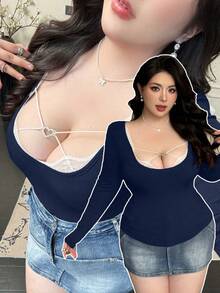 Flirla Spring, Fall, Winter, Spring/Fall, Fall/Winter, Elegant Lace Trim Mock Neck Long Sleeve Cover Up T-Shirt For Women, Fitted, Stylish Niche Design Patchwork Top - Navy Blue - View 1