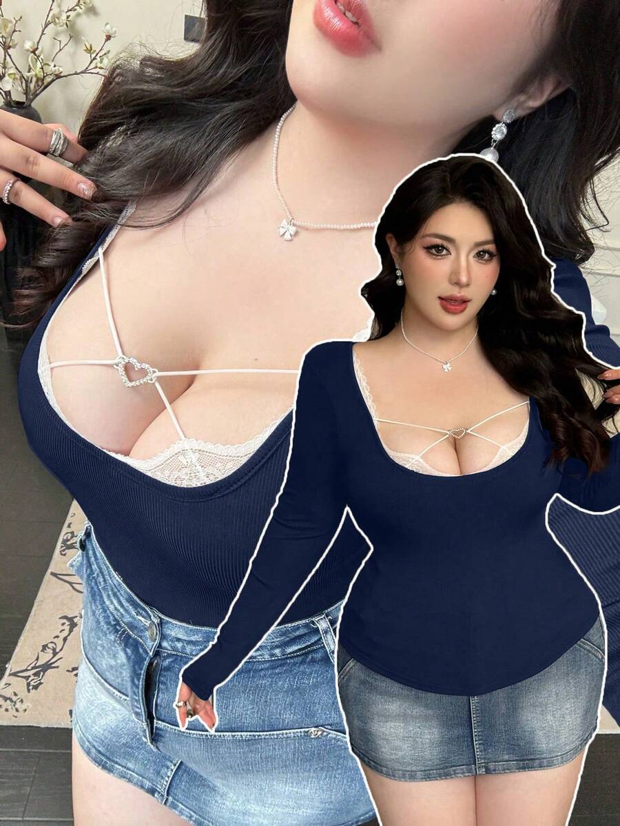 Flirla Spring, Fall, Winter, Spring/Fall, Fall/Winter, Elegant Lace Trim Mock Neck Long Sleeve Cover Up T-Shirt For Women, Fitted, Stylish Niche Design Patchwork Top - Navy Blue - View 1