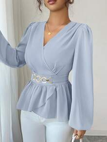 Elenzga 女士缎面V领收腰圆环装饰长袖衬衫，优雅精致，适合秋季、冬季穿着，也适合上学、音乐会、圣诞节、商务休闲、教师、外出等场合。 - 淺藍色 - 查看 5