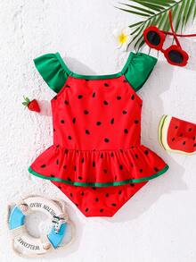 SHEIN Emery Rose Kids Young Girl Summer Holiday Beach Watermelon Print Ruffled Hem One-Piece Swimsuit Young Girl Summer Holiday Beach Watermelon Print Ruffled Hem One-Piece Swimsuit Watermelon Baby Swimsuit Watermelon Outfits For Baby Girl Baby Watermelon Bathing Suit Baby Girl Fruit Swimsuit Baby One Piece Swimsuit With Skirt - Red - View 6