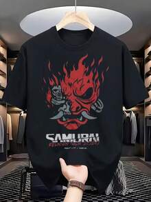 Camiseta de manga corta con cuello redondo para hombre, moda urbana, que combina con todo, primavera y verano, camisa basica estampada de ariba abajo - Negro - Ver 1