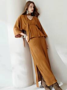 Aveloria Modichic 2pcs Set: Satin Striped Gathered Waist Top & Ruched A-Line Skirt - Mustard Yellow - View 5