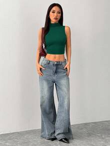 SHEIN PETITE 纯色无袖立领修身休闲短款上衣 - 墨綠色 - 查看 6