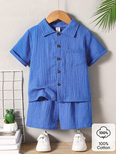Souflis Souflis 2pcs Young Boy Casual Minimalist Cotton Short Sleeve Shirt And Shorts Set, Suitable For Daily Wear, School, Outings, Getaways, Holidays, Travel, Relaxation, Sunbathing, Spring/Summer Royal Blue Button Up Kids Outfit Boys Woven Shirt Short Sets Boys Blue Short Set Linen Set For Boys Cargo Kids Blue 2 Piece Set Boys Blue Set Boys Button Short Sets Toddler Boys Casual Shorts Set Boys Short Sleeve Shirt Shorts Set