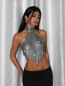EgrlEra Women's Sexy Fashion Party Metal Mesh Rhinestone Asymmetrical Hem Cropped Backless Halter Top Silver Crop Top Sparkly Top - Black - View 3
