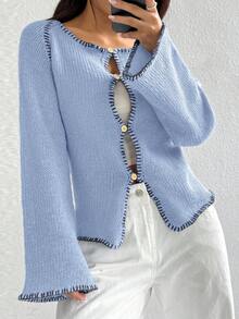 Jeanoix Áo khoác cardigan nữ dáng suông tay loe, viền gân, cài nút phía trước, thích hợp mặc hàng ngày, mùa Thu/Đông. - Màu xanh bạc hà - Xem 6