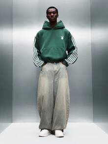 PLAYBOY X SUMWON Green Pullover Hoodie With White Striped Sleeves Centre Pocket Drawstring Hood Casual Streetwear Sweatshirt - Green - View 7