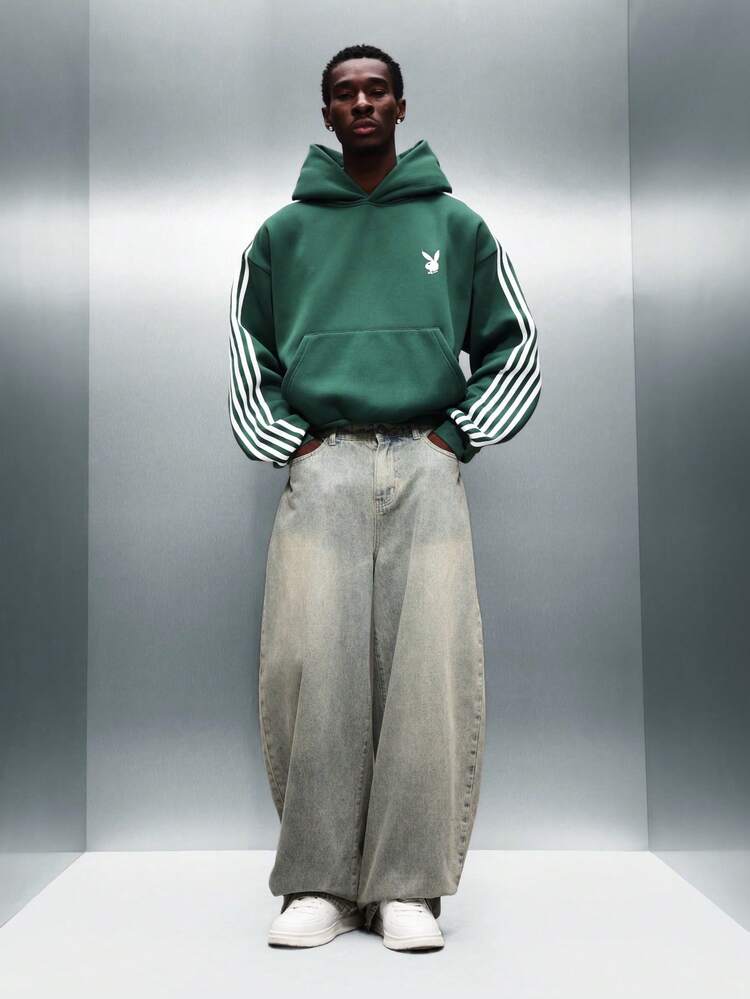 PLAYBOY X SUMWON Felpa con cappuccio verde con maniche a righe