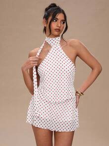 SHEIN BAE Gaun Tanpa Lengan Motif Titik Bulat untuk Wanita - Red and White - View 4