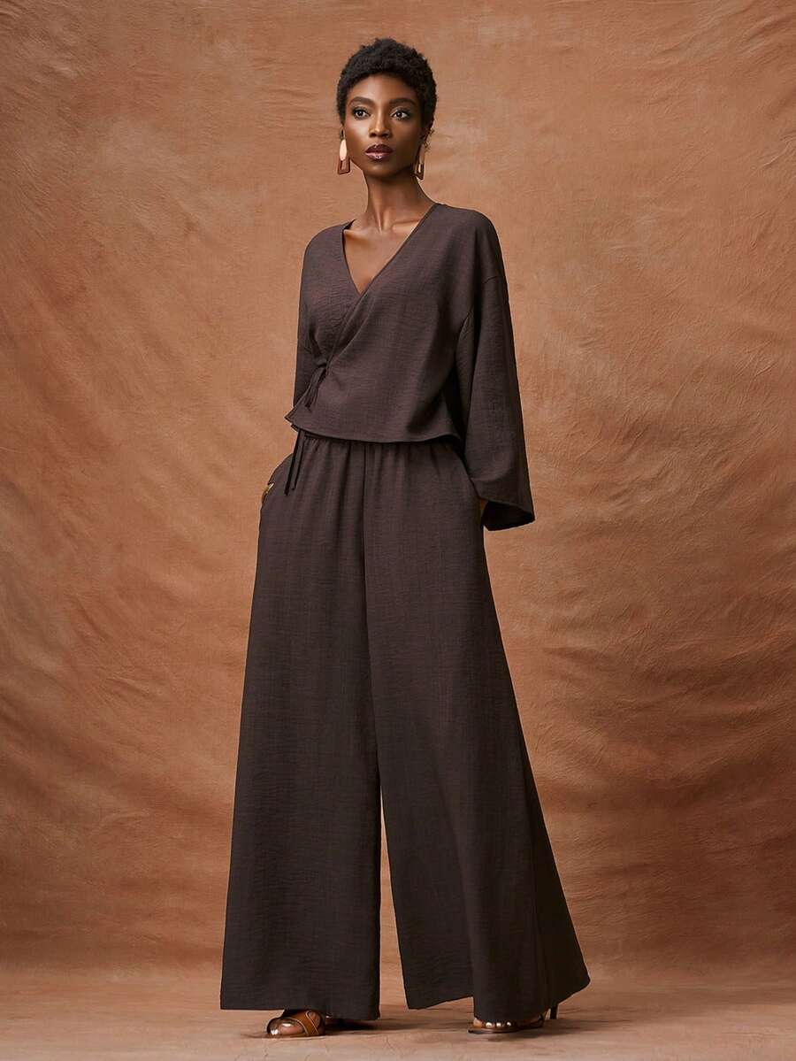 Zivah 2026 Spring/Summer New Valentine's Day, Music Festival, Easter, Western, Nomadic, Bohemian, Nashville Inspired Party, Wedding, Evening, Date, Gathering, Birthday, Collegiate, Student, Casual, Daily, Fundamental, Leisure, Vacation, Cruise, Beach, Sunbathing, Elegant, Commute, Business Casual V-Neck Criss-Cross Tie Front Crop Top + Wide Leg Pants Set, With Real Pockets, Dark Brown 2-Piece Set, Spring/Summer Set, Vacation Set, Casual Set, Women's 2-Piece Outfit - Coffee Brown - View 1
