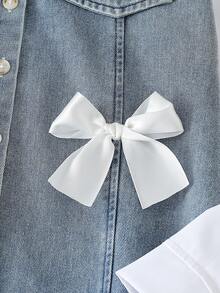 SHEIN 1件春秋新款韩版女童连衣裙，二合一衬衫领拼接牛仔蝴蝶结装饰泡泡长袖修身A字裙，适合日常、通勤、派对穿着。 - 淺色水洗藍 - 查看 5