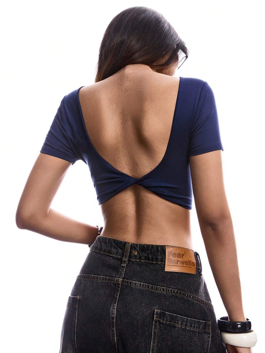 LYSMO 女士露背纯色扭纹背部修身短袖 T 恤 - 藏蓝色 - 查看 1