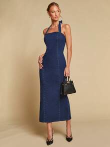 COSMINA Vestido largo de mezclilla con cuello de halter y ajuste ceñido para mujer, versátil para ir al trabajo, la oficina, uso diario y todas las estaciones - Azul lavado medio - Ver 4