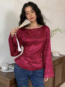 EastFlair 女士提花喇叭袖褶皱优雅时尚衬衫 - 紅色 - 查看 5