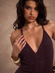 SHEIN BAE Váy yếm hở lưng gợi cảm thời trang dành cho nữ - Màu tím - Xem 3