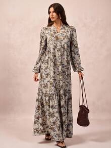 SHEIN Tall 女士春夏飘逸舒适修身印花长袖连衣裙，适合春夏穿着，V领设计，亦可作为万圣节服装、娃娃款长裙、休闲风外出服、教师装、大码长裙、秋季女装。 - 彩色 - 查看 1