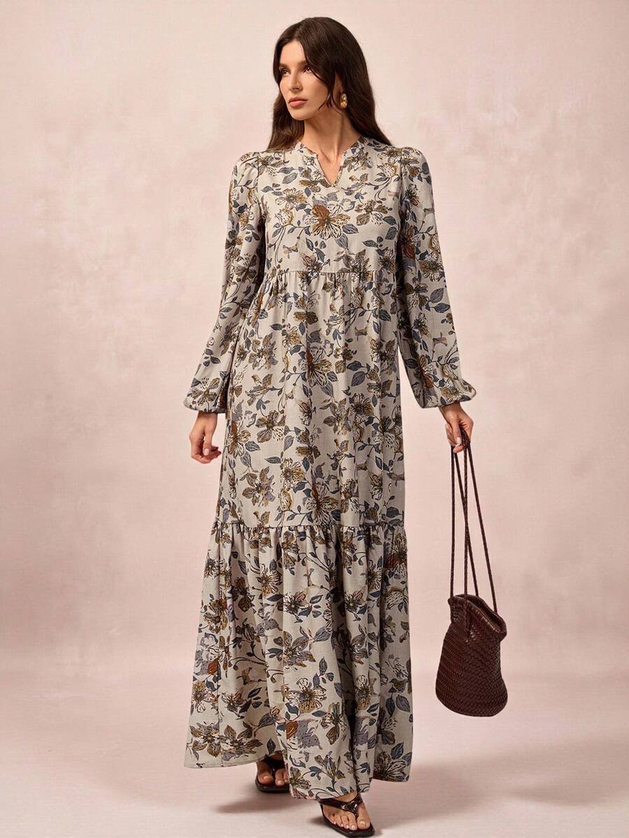 SHEIN Tall 女士春夏飘逸舒适修身印花长袖连衣裙，适合春夏穿着，V领设计，亦可作为万圣节服装、娃娃款长裙、休闲风外出服、教师装、大码长裙、秋季女装。 - 彩色 - 查看 1