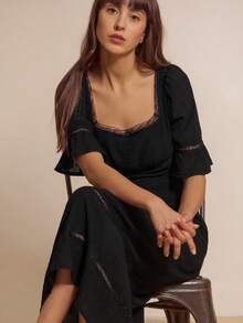 lacRébo 别致的黑色蕾丝边中长连衣裙，散发着优雅的节日气息 - 黑色 - 查看 4