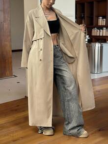 SHEIN EZwear 女式秋季休闲街头装黑色长款宽松外套