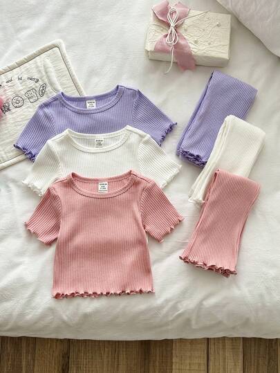 SHEIN LMoss Kids 2pcs Baby Girl Casual Cute Solid Color Short Sleeve T-Shirt & Elastic Waist Flared Pants Set