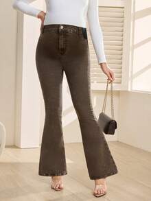 SHEIN Jeans de maternidad casuales con cintura elástica y ajustable con vuelo - Marrón - Ver 3