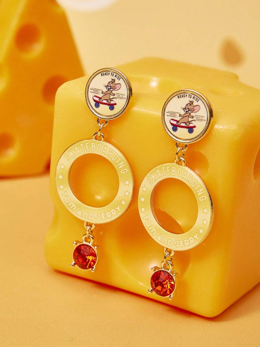 TOM & JERRY X SHEIN 1 paire de boucles d'oreilles à clous en alliage de zinc imprimées d'éléments de dessin animé, de luxe, de style décontracté chic, convenant pour les fêtes, les concerts et les festivals - Doré - Voir 1
