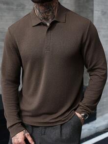 Manfinity CasualCool 男士长袖纹理 Polo 衫，保暖舒适，适合休闲穿着，室内外皆可穿着。 - 棕色 - 查看 3