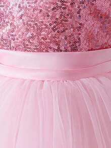 Glamorique Kids Girls' Gold Sequin Tulle Puff Dress, Satin Butterfly Decor Sleeveless, Suitable For Halloween, Christmas, Birthday, Wedding Guest, Party - Baby Pink - View 4