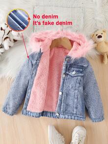 SHEIN Elladie kids Young Girl Fuzzy Trim Hooded Teddy Lined Jacket