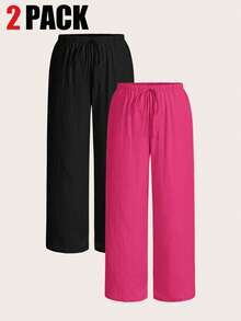 SHEIN EZwear 2件套加大码女式抽绳腰裤，多种颜色可选 - 玫紅色 - 查看 6