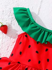 SHEIN Emery Rose Kids Young Girl Summer Holiday Beach Watermelon Print Ruffled Hem One-Piece Swimsuit Young Girl Summer Holiday Beach Watermelon Print Ruffled Hem One-Piece Swimsuit Watermelon Baby Swimsuit Watermelon Outfits For Baby Girl Baby Watermelon Bathing Suit Baby Girl Fruit Swimsuit Baby One Piece Swimsuit With Skirt - Red - View 5