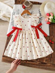 SHEIN LMoss Kids 少女碎花圆领荷叶边撞色蝴蝶结休闲连衣裙 - 粉色 - 查看 6
