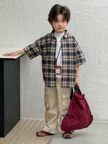 Dazy Kids Young Boy Plaid Short Sleeve Single-Breasted Casual Loose Shirt Spring - Navy Blue - View 2