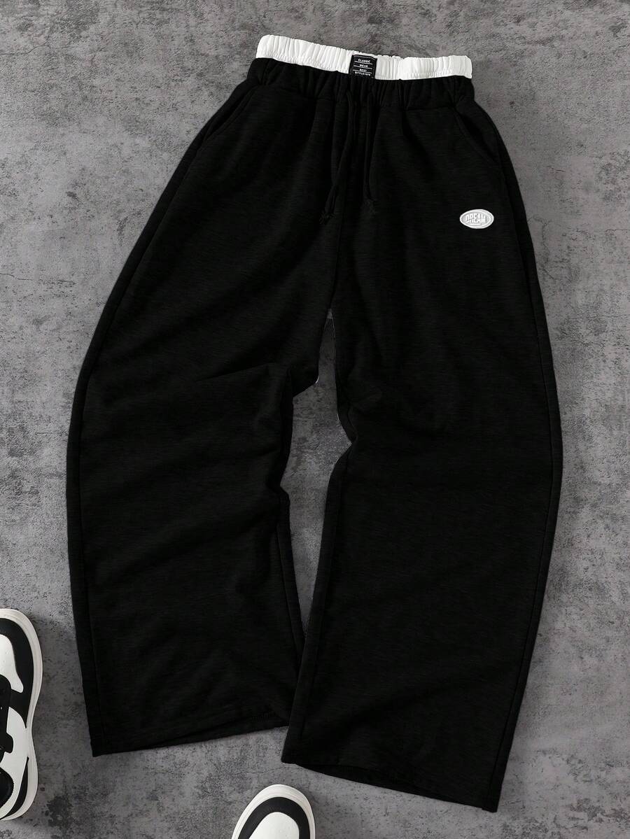 Coolqubz 男士及青少年时尚宽松阔腿针织裤,双腰带设计,面料舒适,颜色百搭,适合上学、休闲穿着,秋冬季穿着。 - 黑與白 - 查看 1