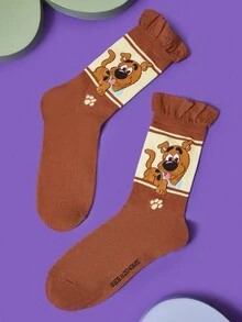SCOOBY-DOO X SHEIN 1 par de calcetines de tripulación con volantes y estampado de perro de dibujos animados, cómodos para mujer, para otoño/invierno - Multicolor - Ver 3