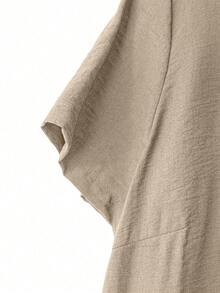Linhara Plus Size Embroidered Button Front Casual Dress - Khaki - View 5
