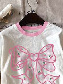 Süßer karierter Kirschenschleifendekor Farbblock Tween-Mädchen Lässig Minimalist Kurzarm Rundhals T-Shirt, geeignet für den Sommer