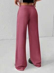 PETITE Pantalones de chándal cómodos y casuales de punto llano con cintura baja y pierna ancha para mujer - Color caoba - Ver 2