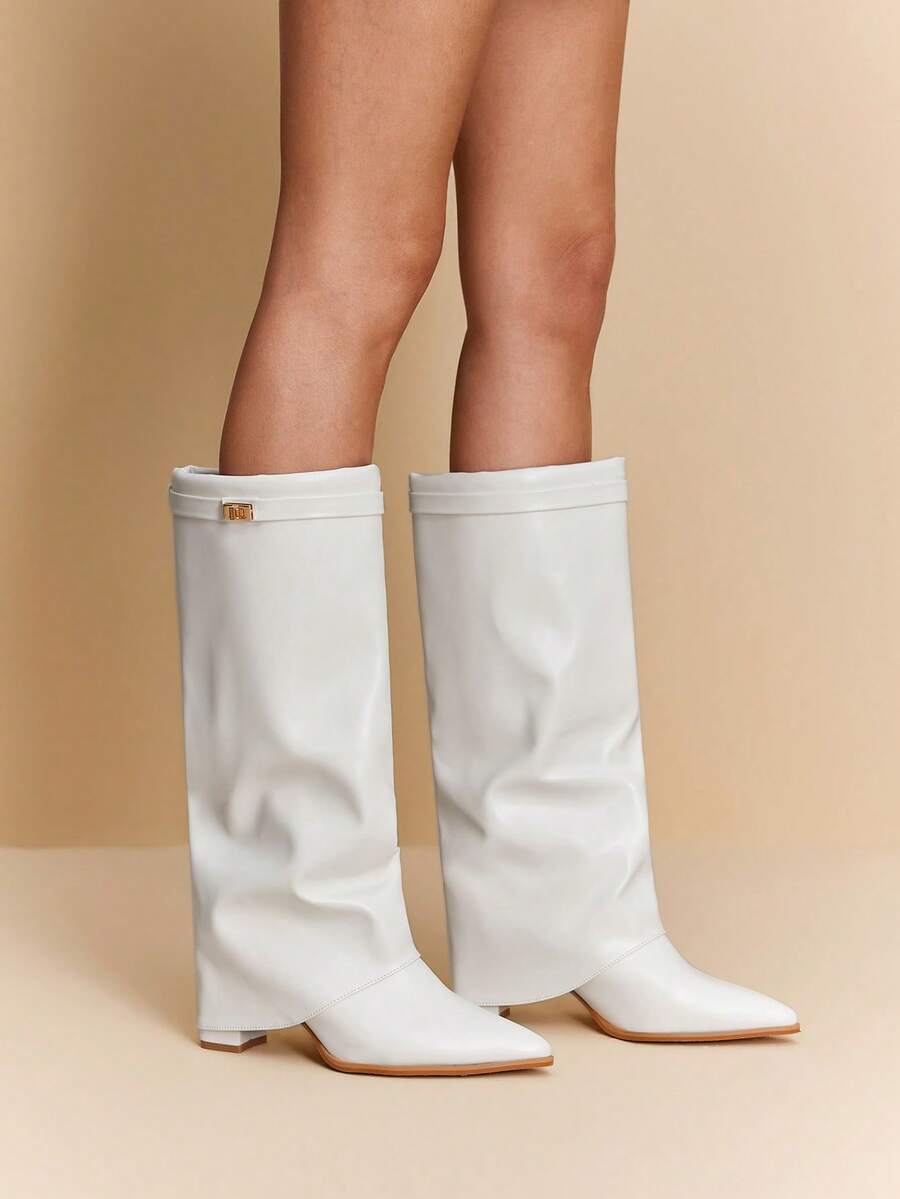 Daringsoles Women's Pointed Toe Fashion Casual Versatile High Heel Knee-High Boots Valentine's Day - White - View 1