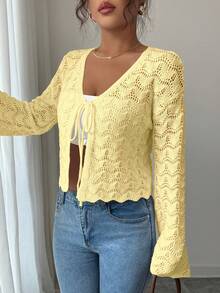 Flora Isola Flora Isola 女士优雅系带镂空纯色开衫 - 黃色 - 查看 8