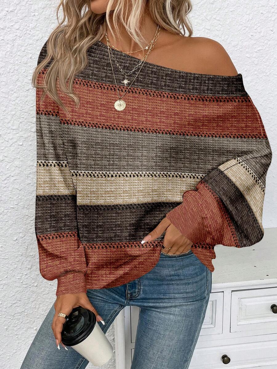 EMERY ROSE Plus Size Women Casual Knit Striped Off-Shoulder Sweater, Suitable For New Year Spring, Fall - Multicolor - View 1