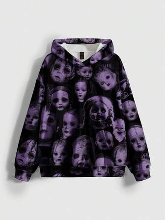 sweat-shirt à capuche ample à imprimé intégral de poupée gothique d'horreur sombre pour femmes