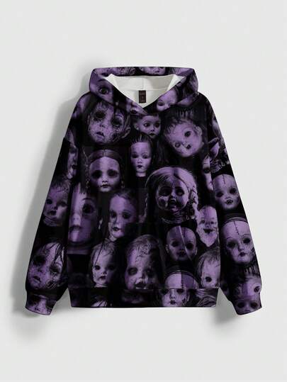 sweat-shirt à capuche ample à imprimé intégral de poupée gothique d'horreur sombre pour femmes