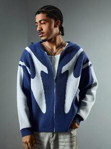 ROMWE MEN Men's Hooded Irregular Jacquard Personalized Street Wear Cardigan, Fashion - Blue - View 7