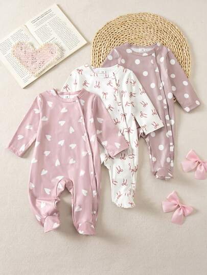 Newborn Baby 3-Piece Outfit Set: Long Sleeve Top With Collar, Button Closure, Geometric Polka Dot & Heart Print, Bow Accent, Paired With Casual Long Pants, Comfortable & Fashionable For Spring/Summer