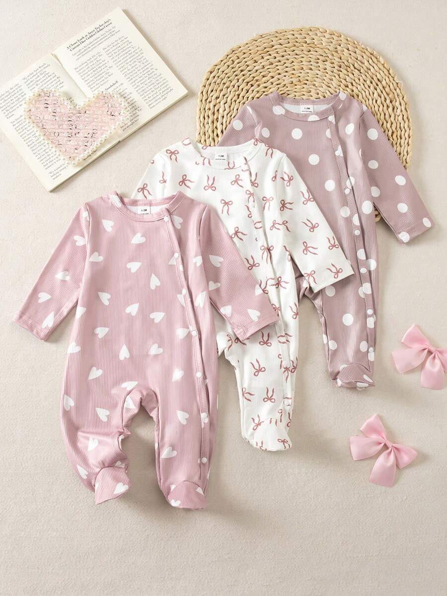 Newborn Baby 3-Piece Outfit Set: Long Sleeve Top With Collar, Button Closure, Geometric Polka Dot & Heart Print, Bow Accent, Paired With Casual Long Pants, Comfortable & Fashionable For Spring/Summer - Multicolor - View 1
