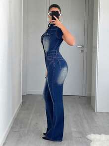 Jeanoix Women's Y2K Fitted Versatile Flare Jeans Overalls And Jumpsuit - Dark Wash - View 5