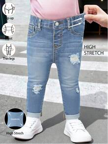 SHEIN Baby GirlBlue Denim Ripped Stretch Skinny Pants - Dark Wash - View 3