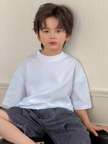 DAZY Tween Boy Solid Color Round Neck Drop Shoulder Short Sleeve Casual Loose T-Shirt Spring Summer - White - View 5